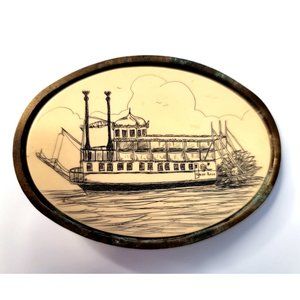 Vintage 1980's Barlow Etched Paddle Wheel River Boat Solid Brass Belt Buckle Mad